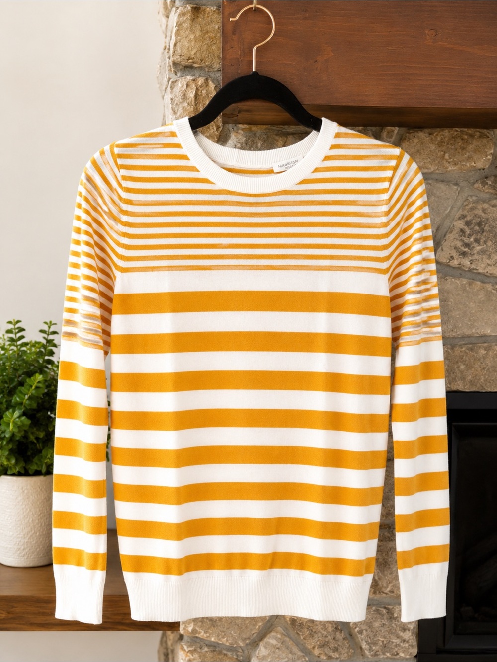 Market & Spruce Yellow and White Striped Henley Long-Sleeve Top